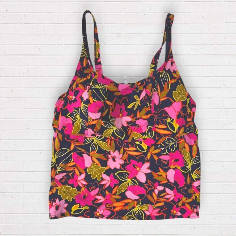 LANDS END Square Neck Navy Blue Pink Floral Tankini Top Swimsuit Womens Plus 22